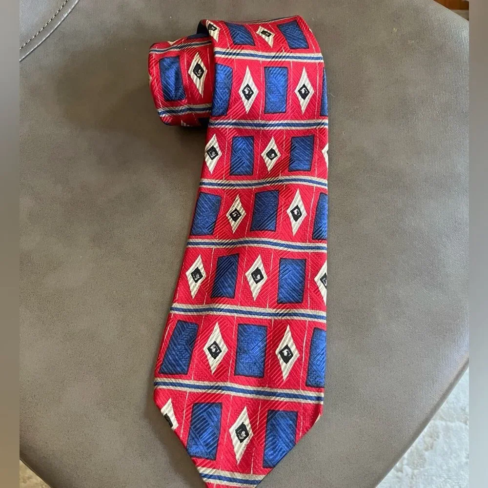 Vintage Robert Talbott Silk Tie Red Blue Geometric Diamond Print 90s Menswear